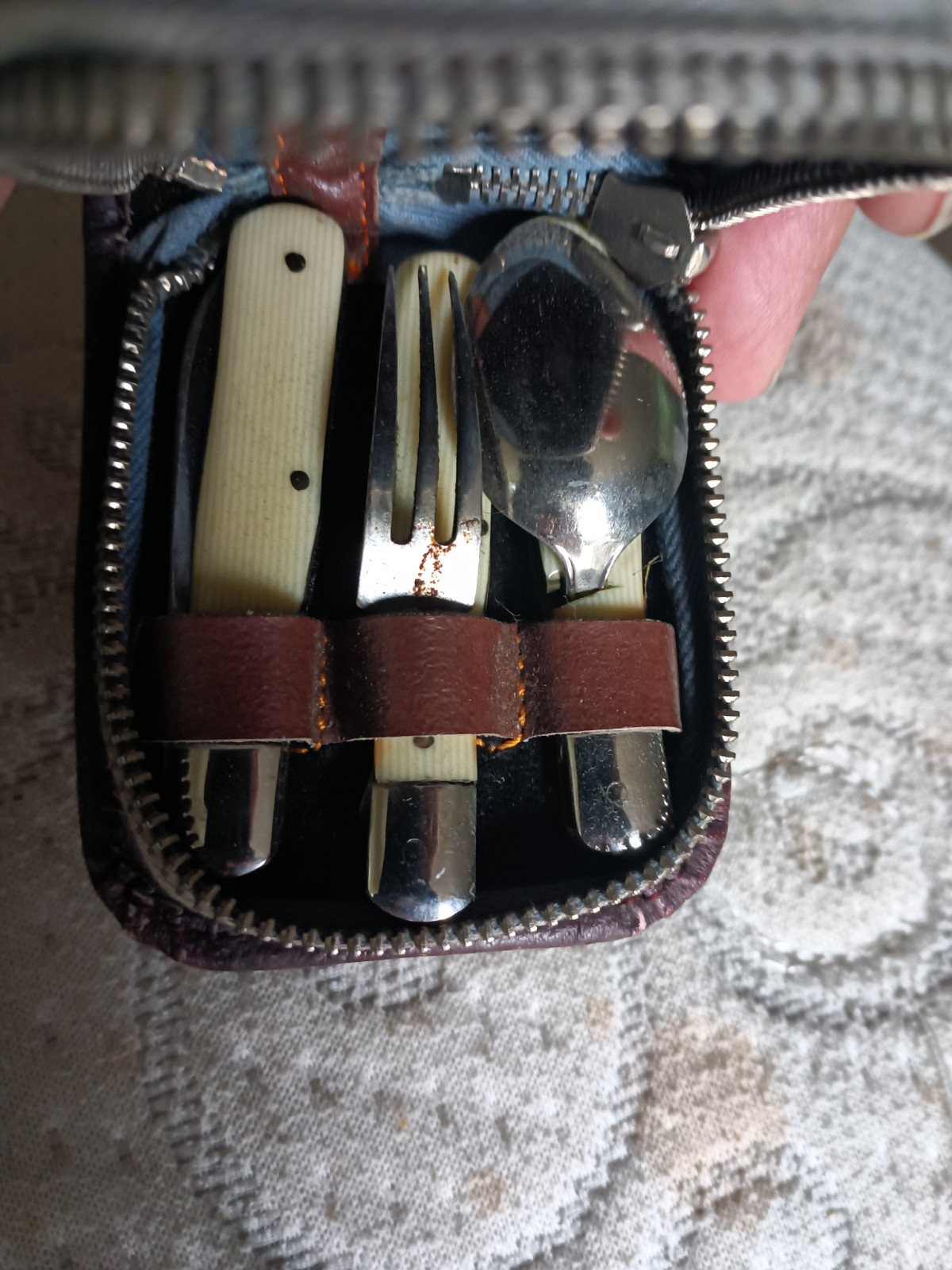 Antique French Ivoroide folding utensil travel set in S.S.S. Pigskin case