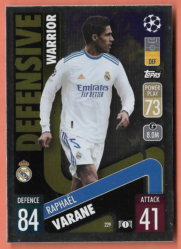 2021-22 Topps Match Attax Card No.229 Raphael Varane Real Madrid CF