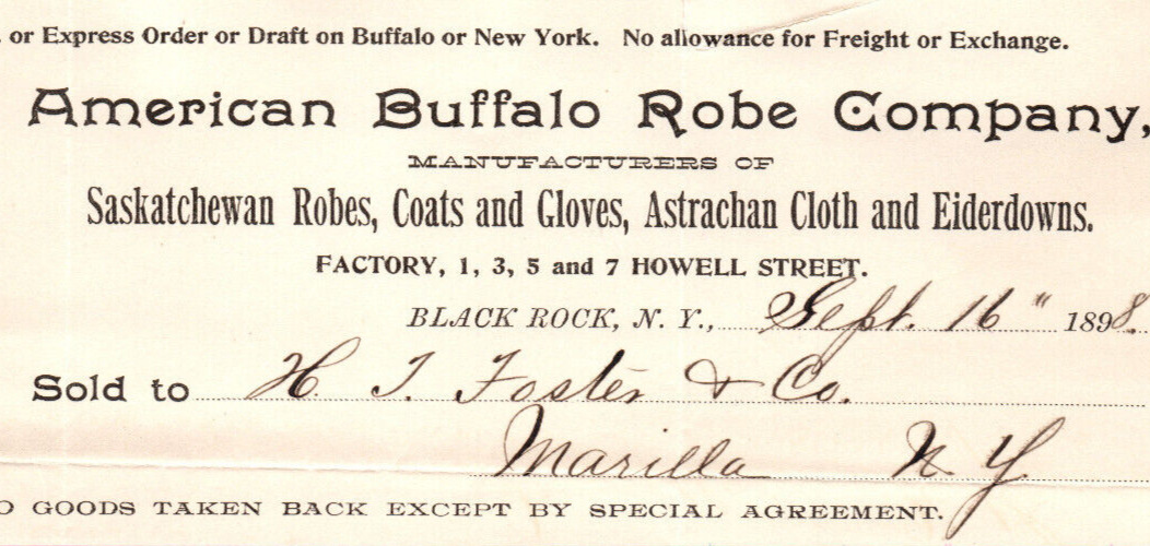 American Buffalo Robe Company Black Rock New York 1898 Antique Document Ephemera