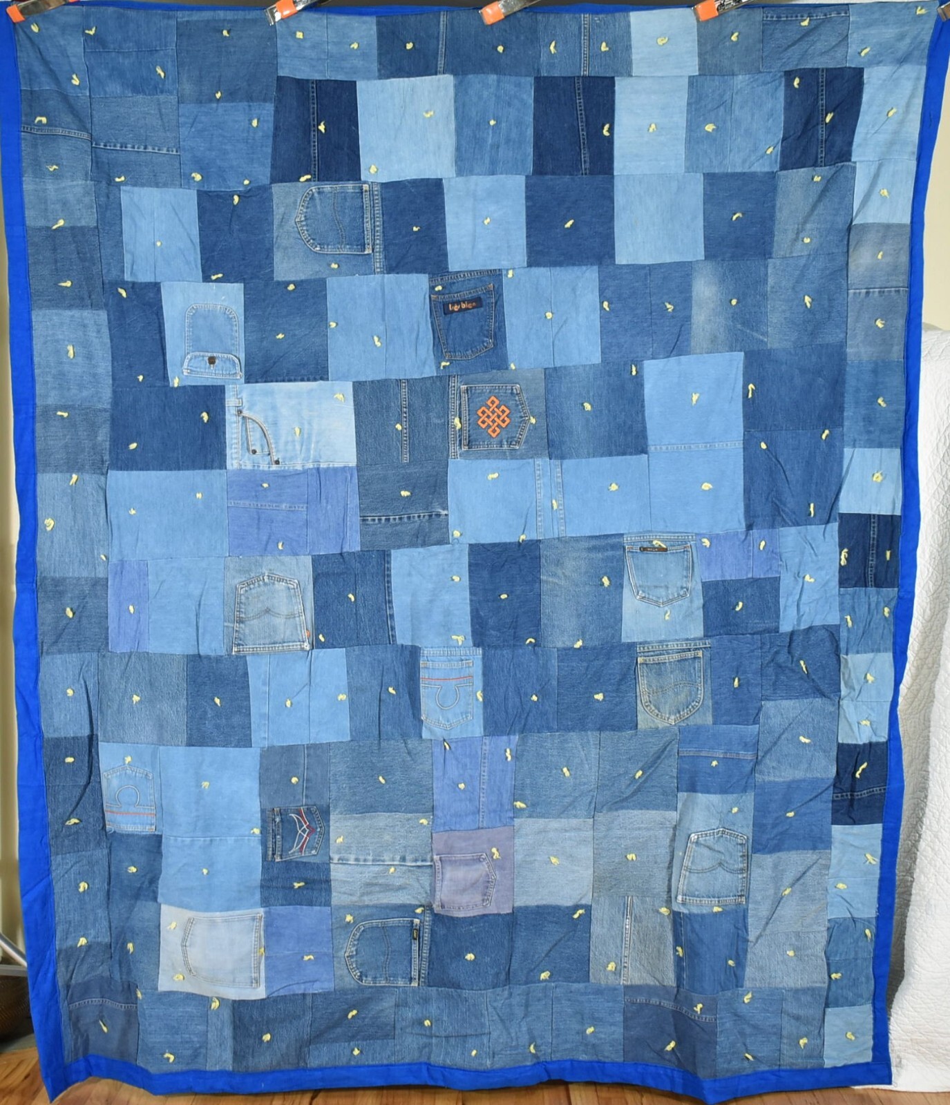 Folky Vintage Denim Blue Jeans Patchwork Crazy Quilt ~Pockets & Labels
