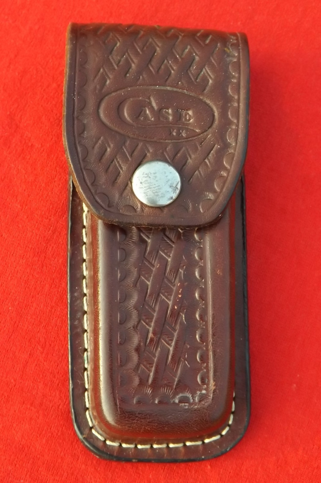 OLDER  CASE XX  BASKETWEAVE LEATHER FLAP SHEATH  NICE SHAPE FOR HAMMERHEAD SIZE