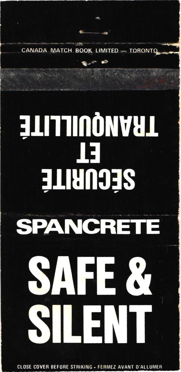 Spancrete Canada Vintage Matchbook Cover Safe & Silent 1970s Spancrete Canada Vintage Matchbook Cover Safe & Silent 1970s