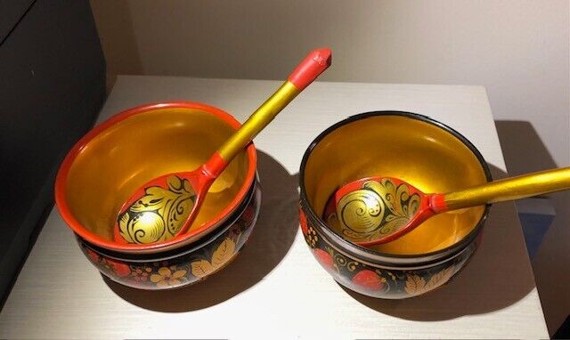 Vintage Russian Wood Lacquer Bowls and Spoons Hand Painted - Set of 5 Pieces