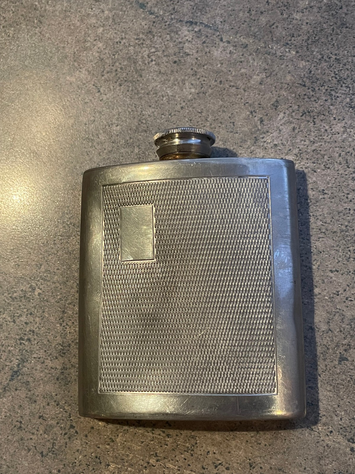 Vintage Sheffield England Pewter Hip Flask 3 oz Engine Turned Monogram Plate Vintage Sheffield England Pewter Hip Flask 3 oz Engine Turned Monogram Plate