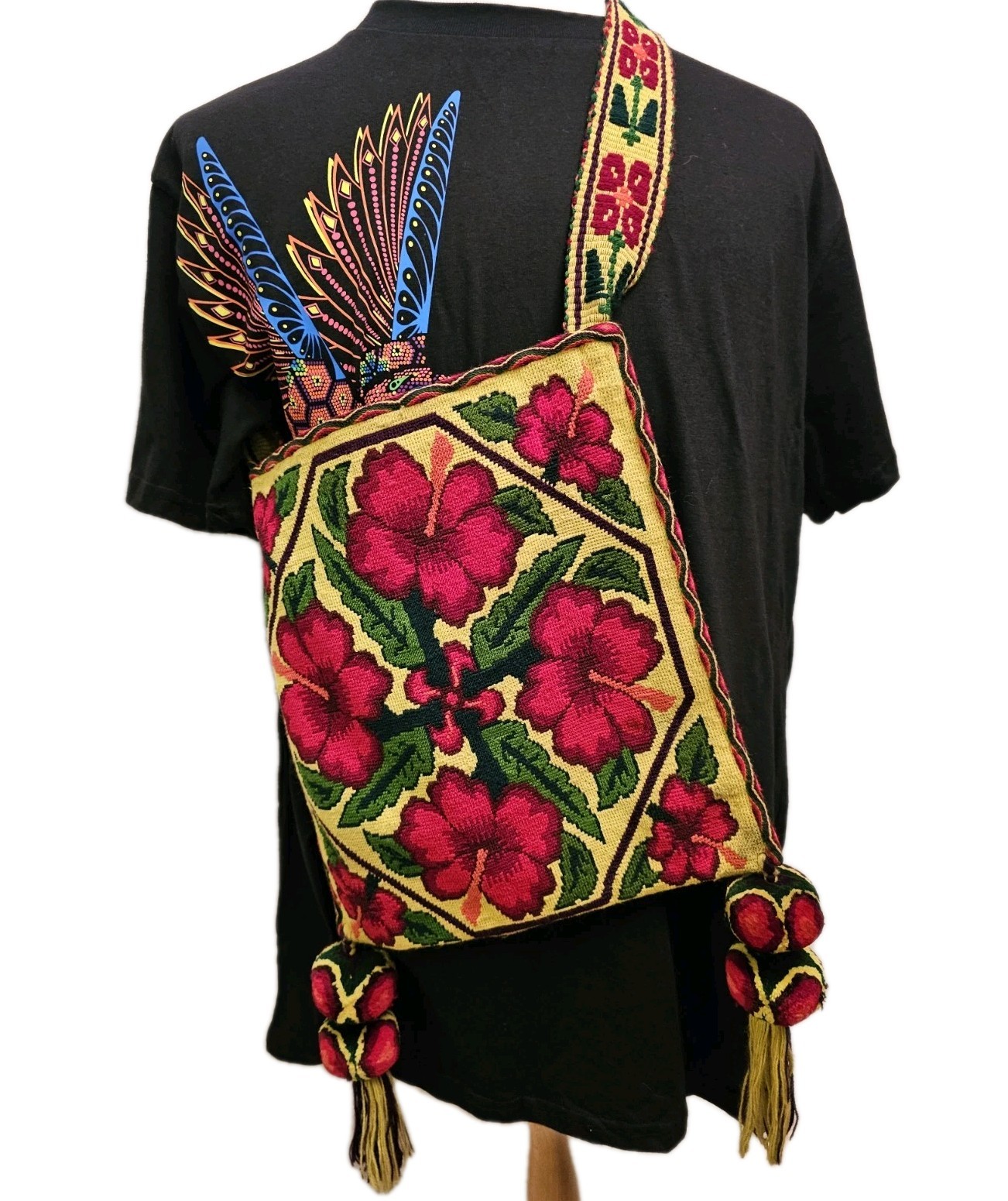 RARE Contemporary Huichol Textile Hand Embroidered Red Buganvillas Yellow Back