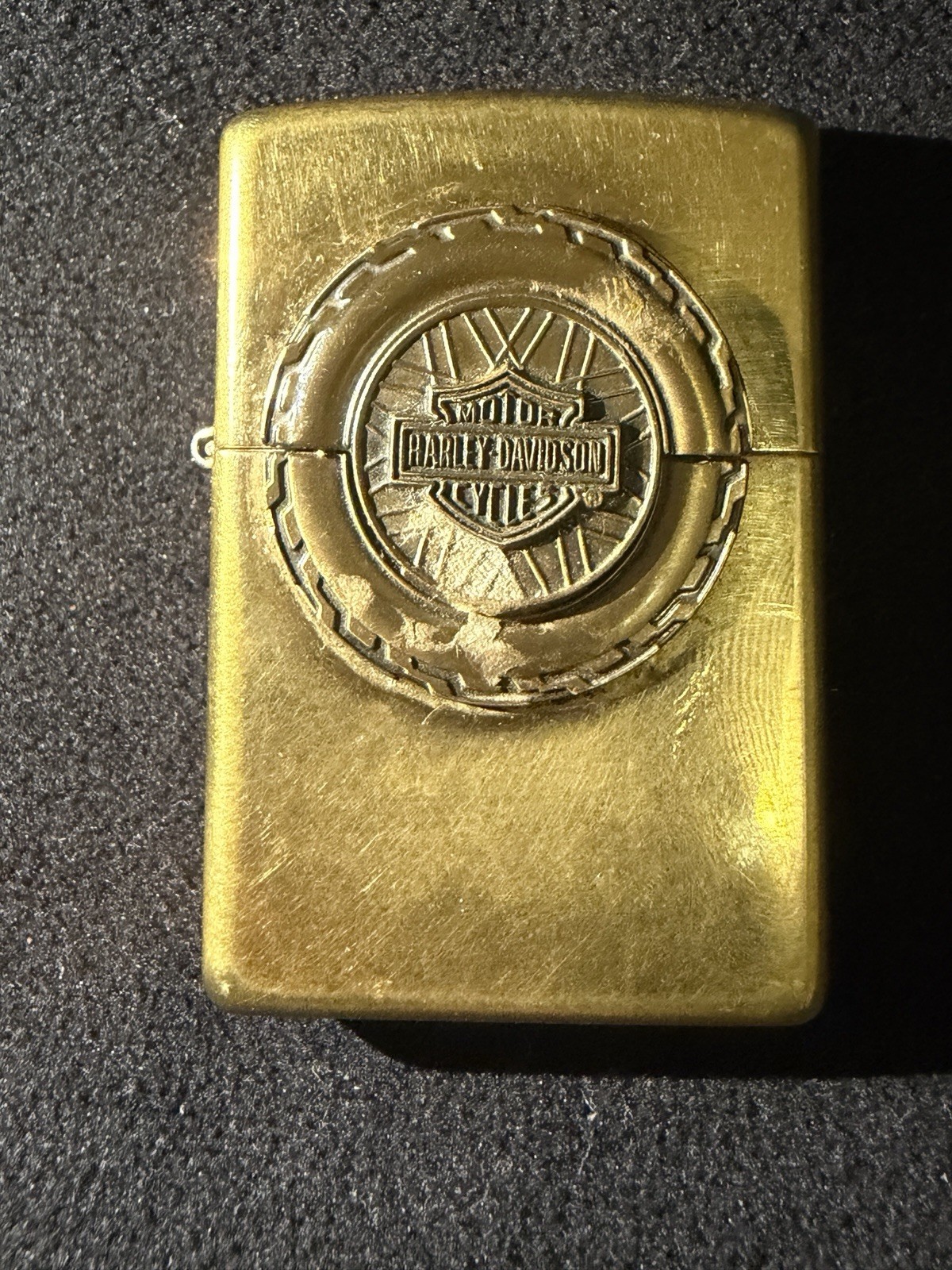 ⁠Vintage 1999 Zippo Harley Davidson Solid Brass Lighter H XV Wheel Shield Case