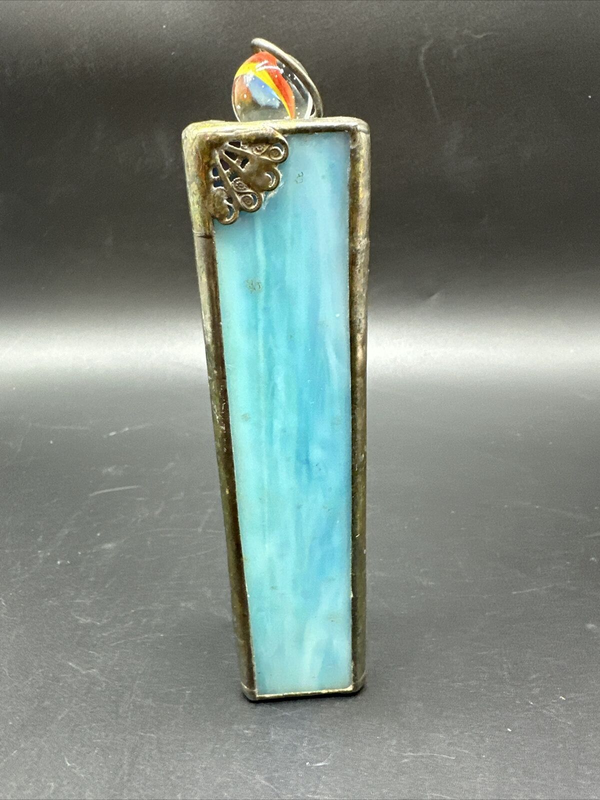Antique Vintage Artisan Blue Opalescent  Glass Marble Kaleidoscope Brass Filigre