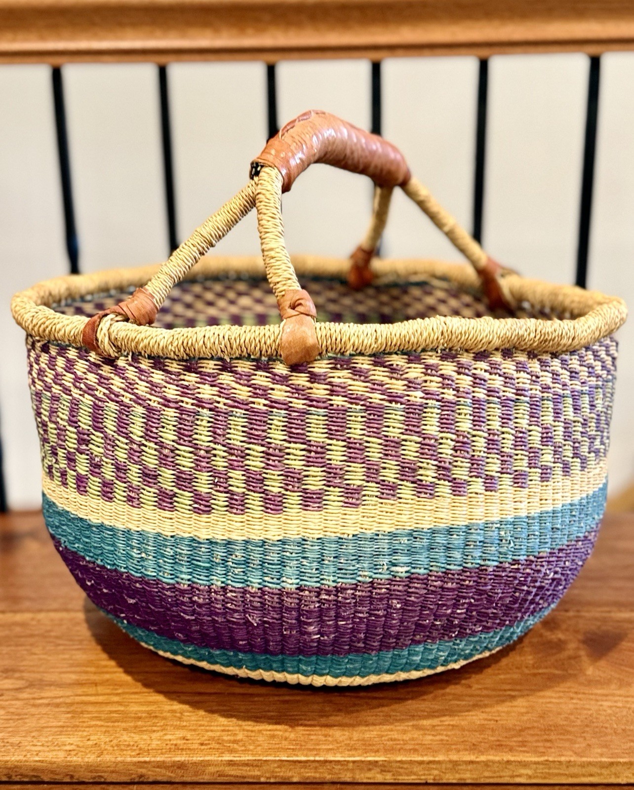 Handwoven Bolga Style Market Basket Leather Handles African Woven 15.5”