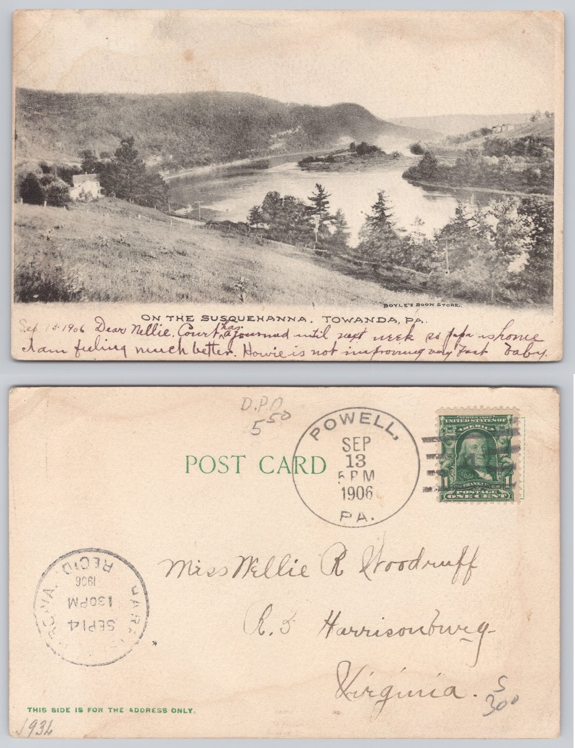 1906 Susquehanna River Towanda PA Scenic View Postcard Boyle's Book Store