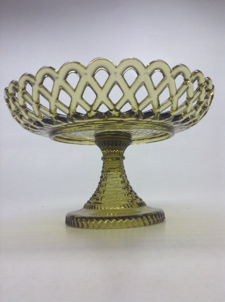 Vintage Olive Green Glass Lace Edge Compote With Lattice Border