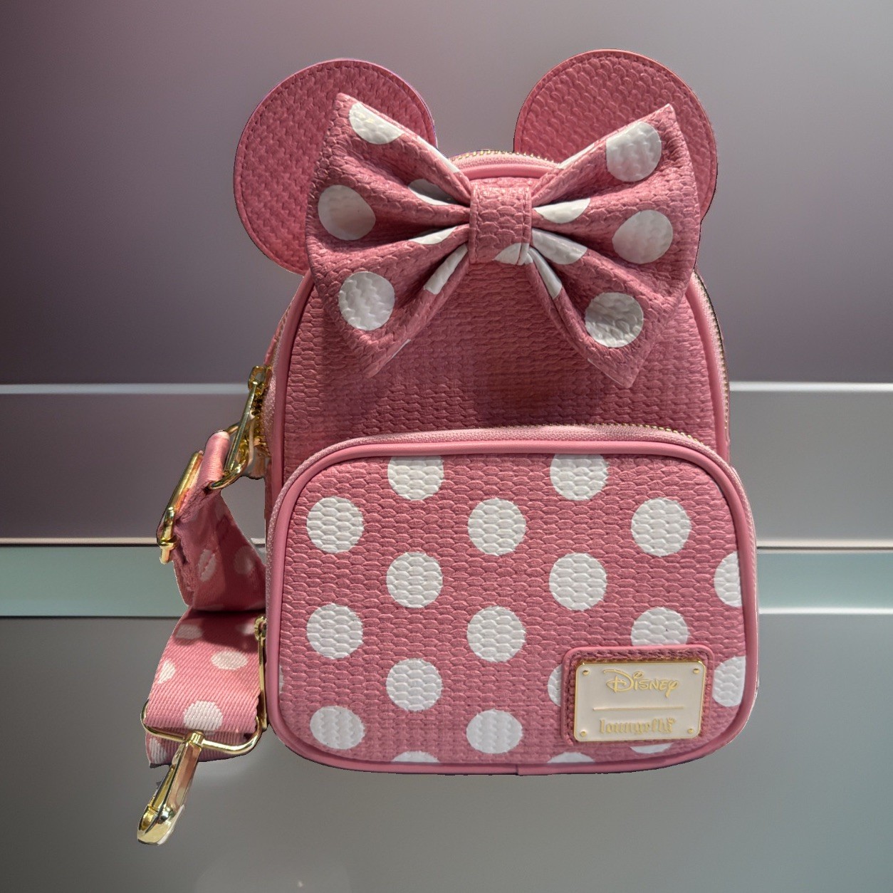 Disney Minnie Mouse Loungefly Pink Straw Convertible Mini Backpack Polka Dot New
