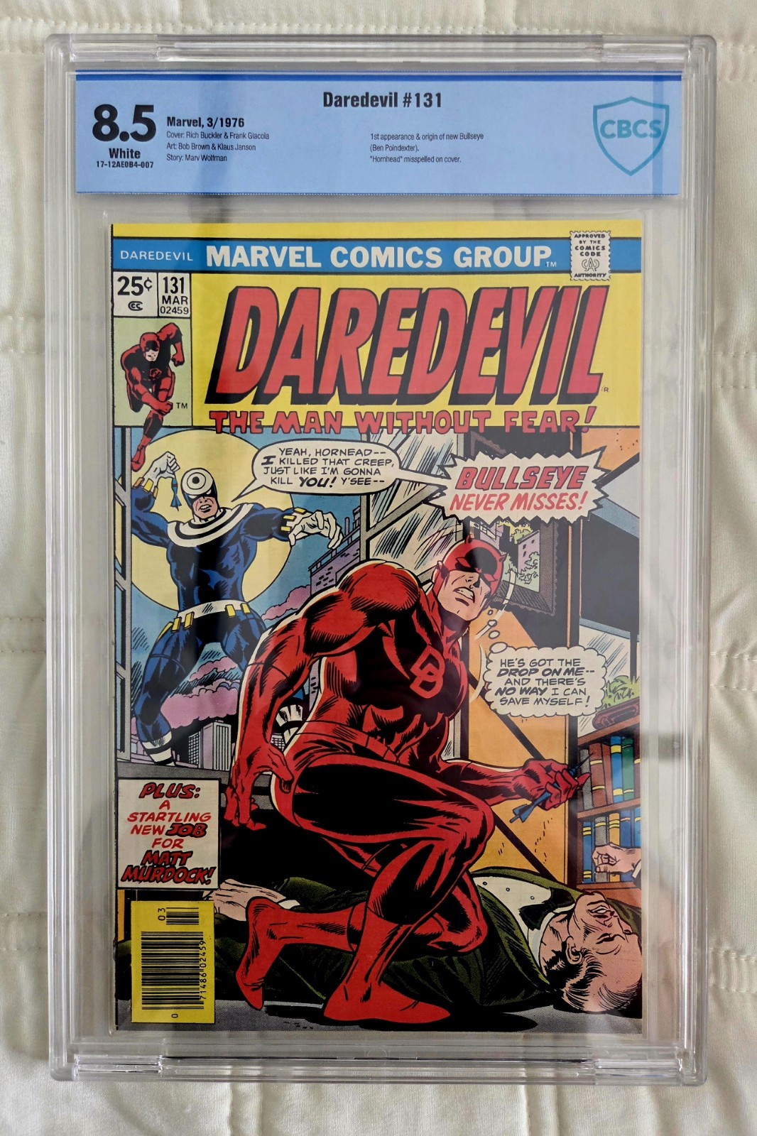 DAREDEVIL #131 CBCS 8.5 WHITE PAGES Origin & 1st Appearance Bullseye 1976 Marvel