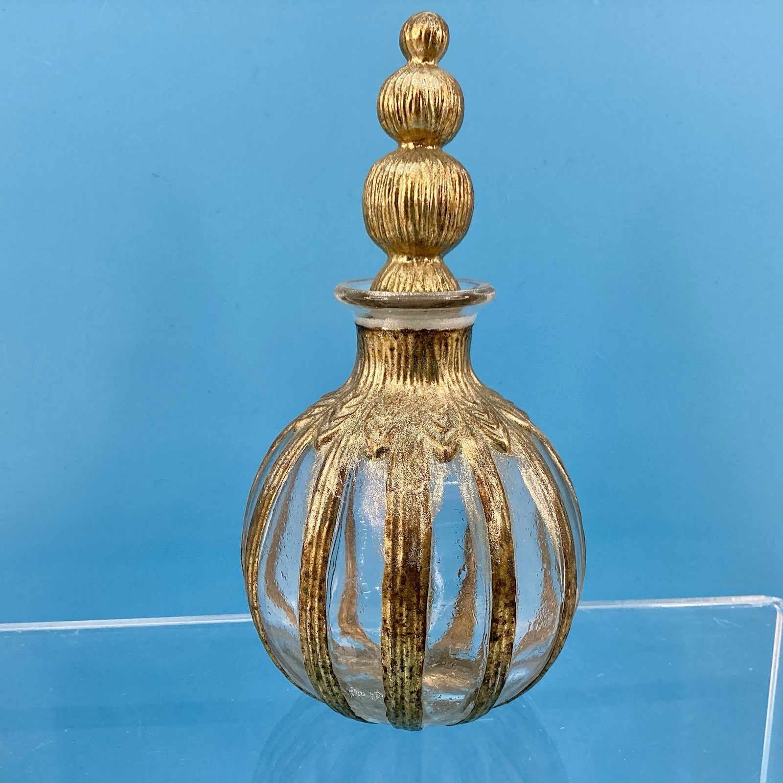 Vintage Silvestri Falcon Perfume Bottle W/Stopper Art Deco Gold Ribbed Metal 80s