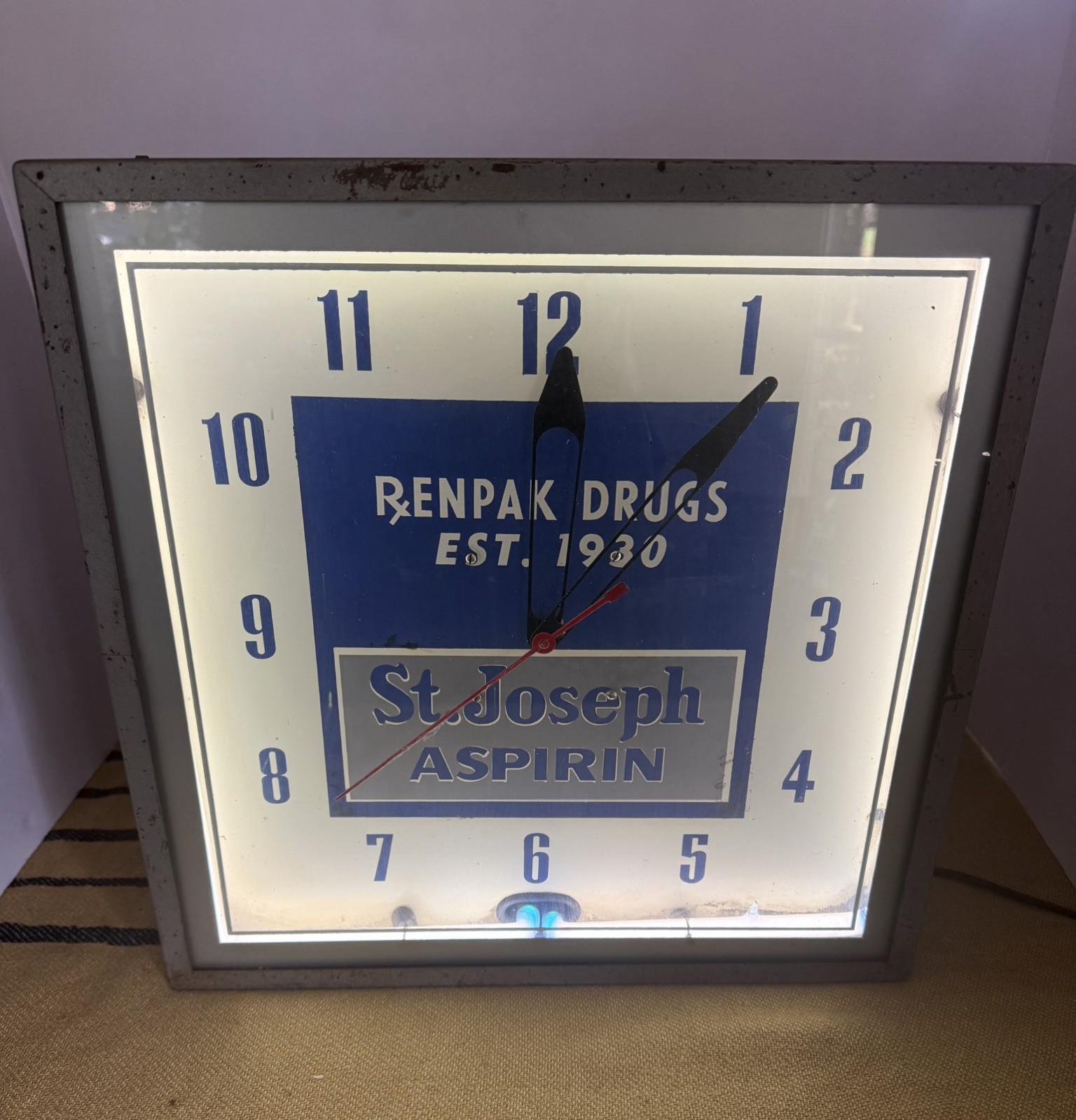 Vintage Lackner St Joseph Aspirin Lighted Advertising Clock Renpak Drugs Works