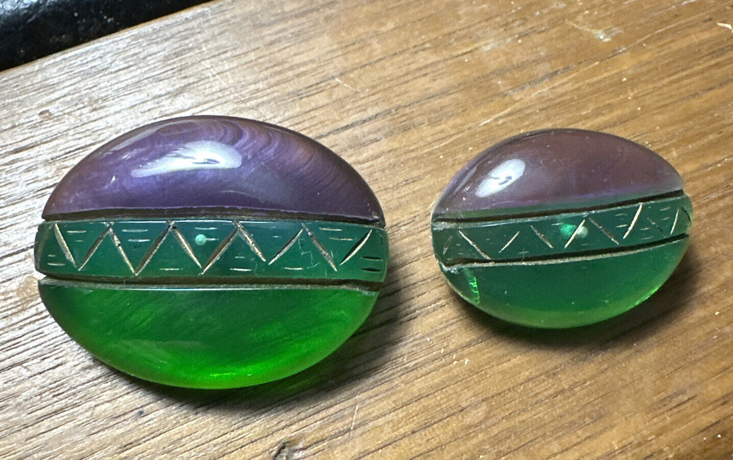 VINTAGE COLORFUL PURPLE & Green oval  BUTTON - 1-1/2 inches & 1”