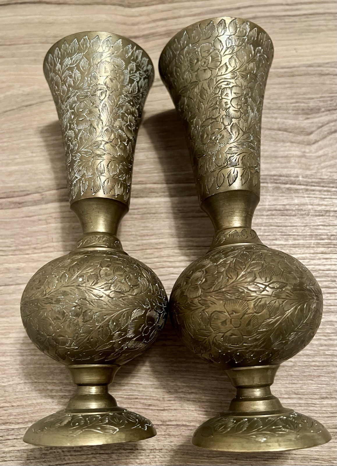 Antique Pair of hand-engraved brass Trumpet vases Goblets Floral Patina