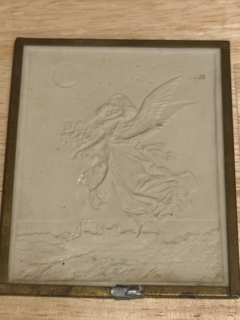 Vintage Chalkware Small Angel Relief Plaque Picture 3 3/4x4