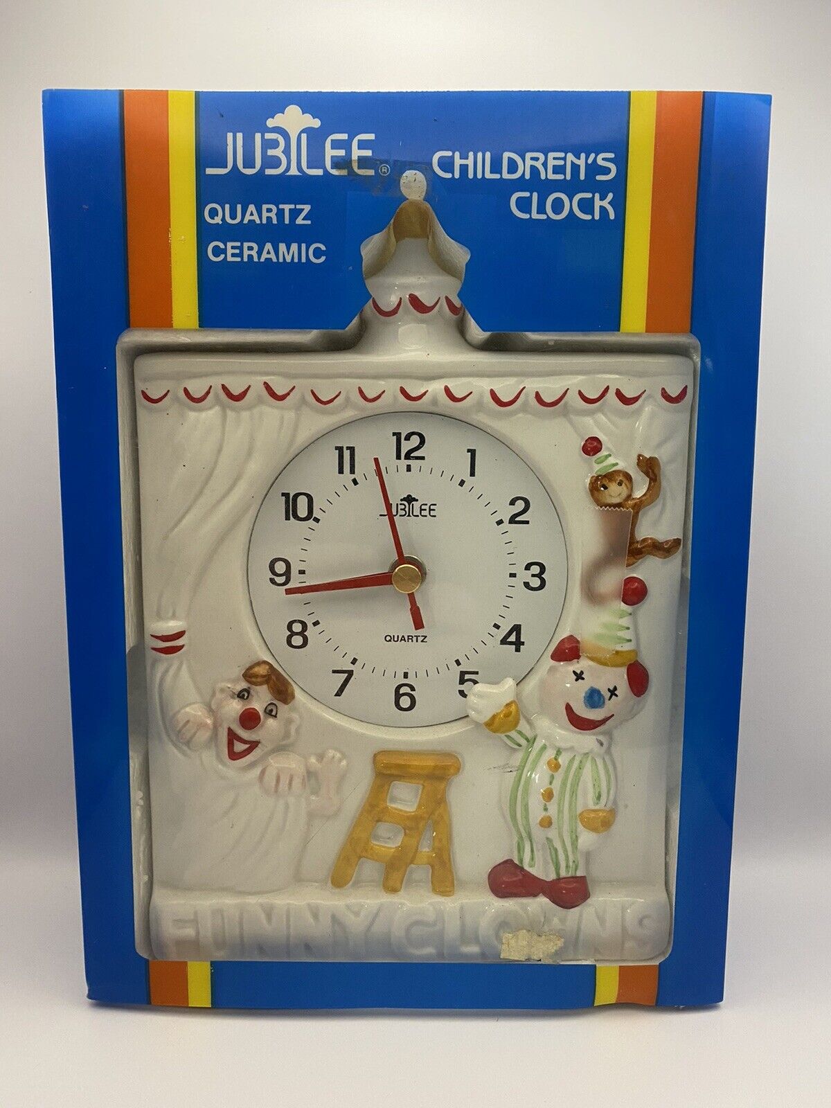 Vintage Sunbeam Ceramic Childs FUNNY CLOWNS Clock, Near Mint Condition, IOB