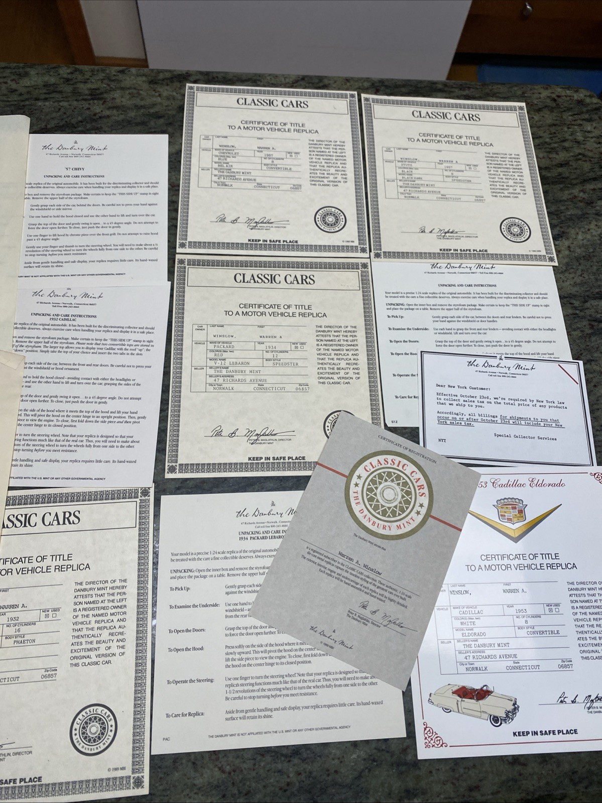 LOT OF 5 DANBURY MINT DIECAST MODEL--Certificate of TITLE /COA