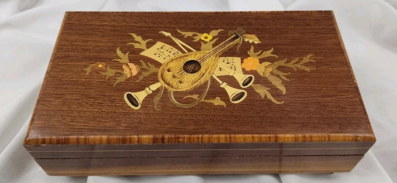 Vintage Reuge Swiss Movement Italian Hand-Inlaid Wooden Music Box Edelweiss
