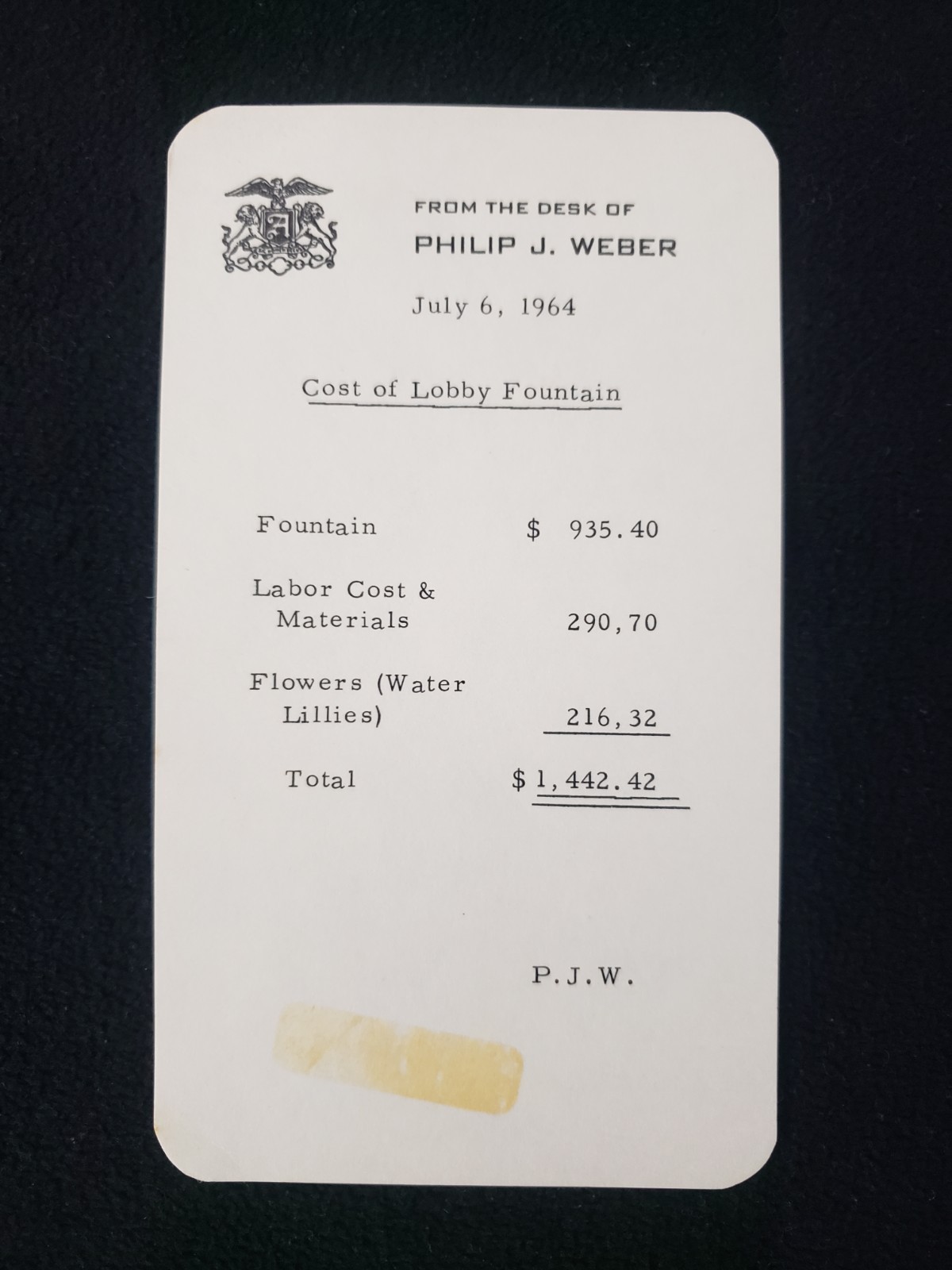 1964 Internal Invoice Note Ambassador Hotel COST OF LOBBY FOUNTAIN Philip Weber