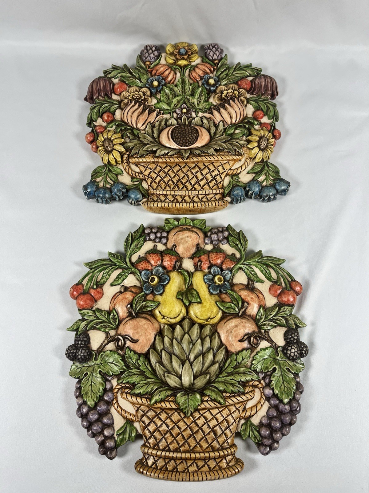 Vintage 1976 Signed Anne Ceramic Fruit Flower Basket Wall Plaques Pair 11”