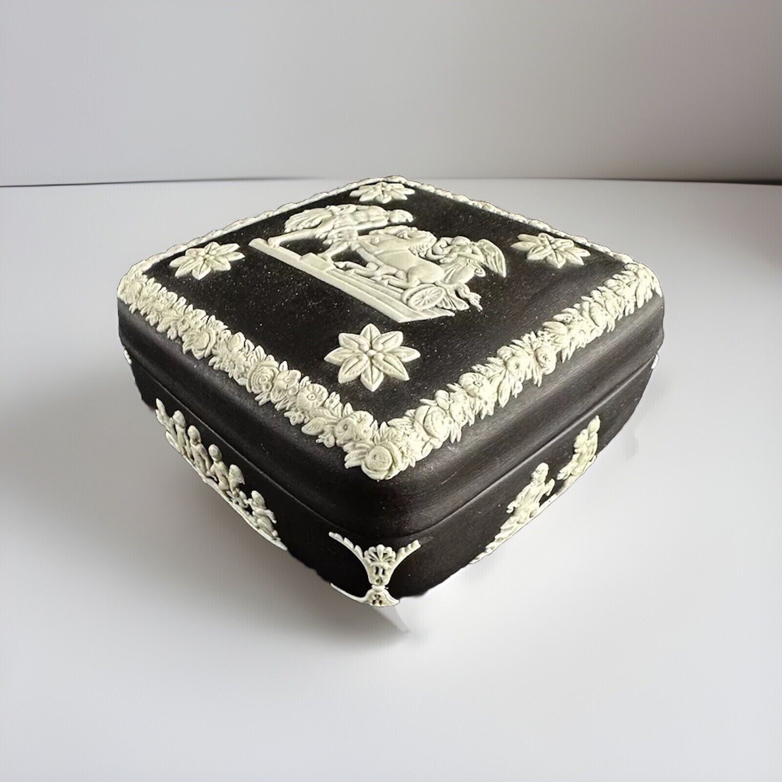 Vintage Black Wedgwood Jasperware Square Trinket Box 4” x 4” x 2”