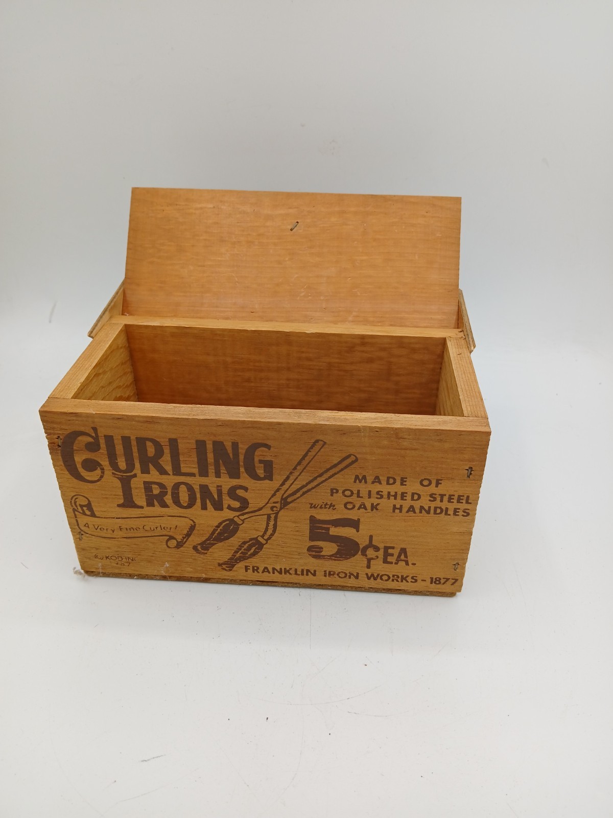 Vtg Wood Box Decor 1982 KOD Curling Irons Advertising Box Franklin Iron Works