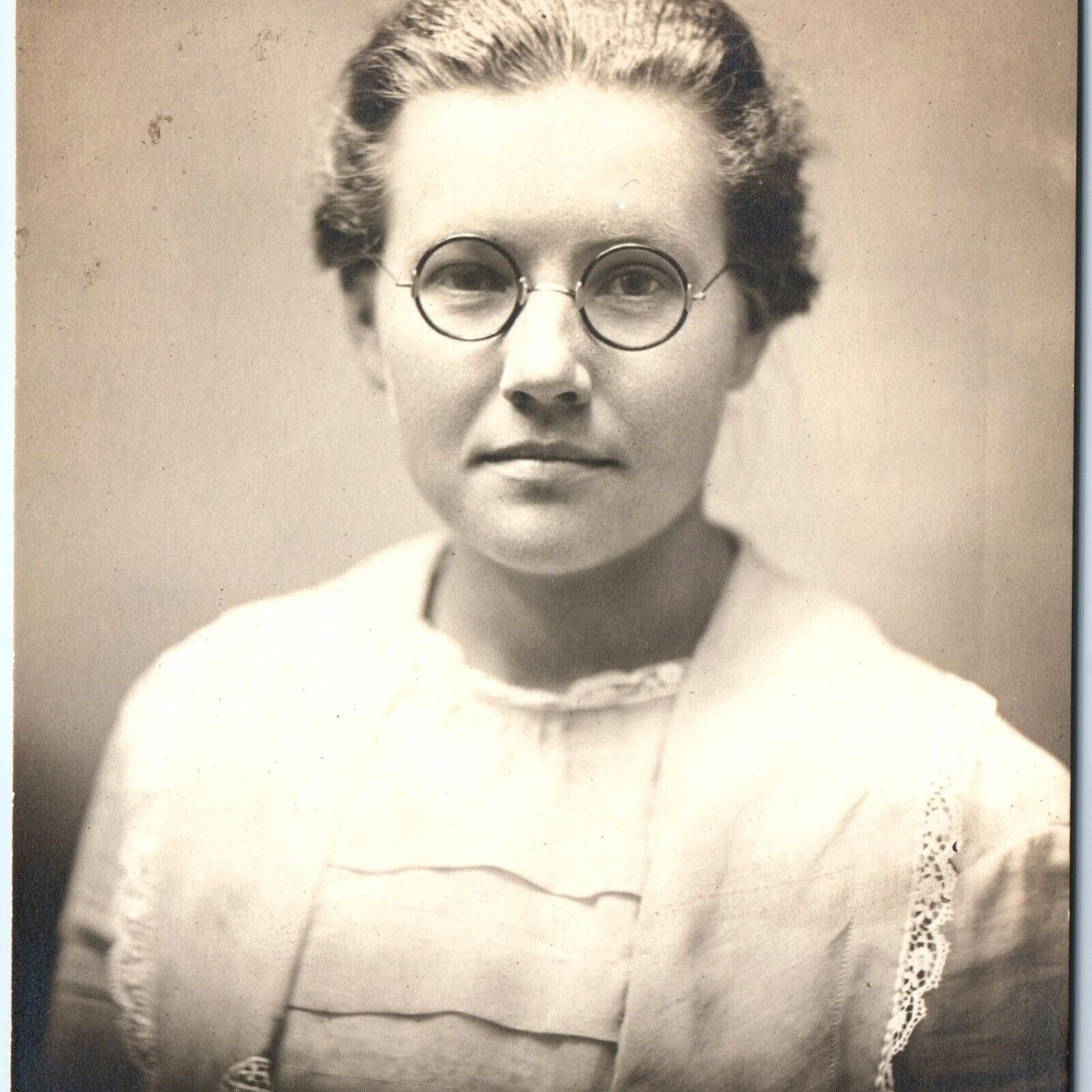 c1910s Close Up Young Lady RPPC Harry Potter Round Glasses Real Photo Cute A160