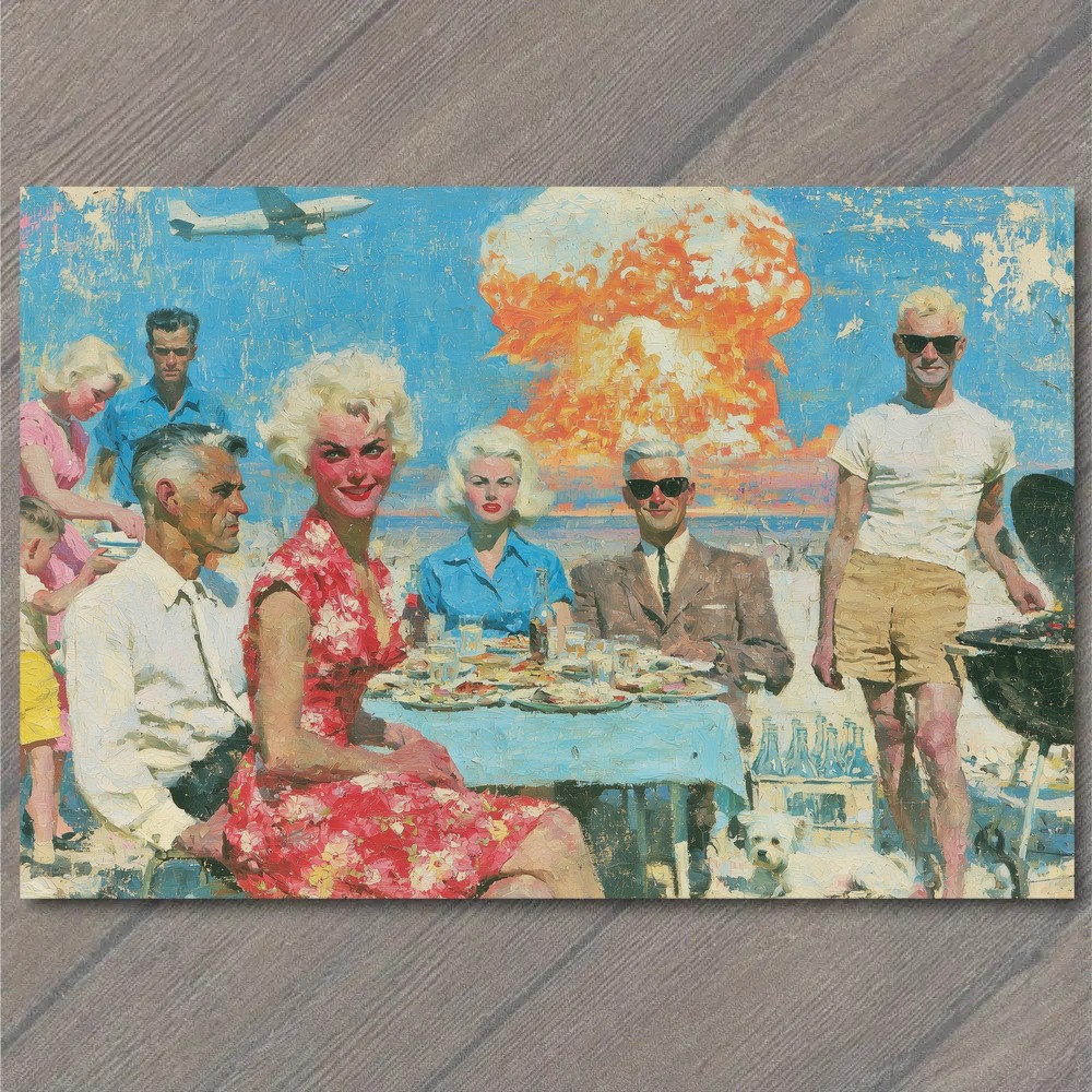 POSTCARD Group People Summer Gathering Beach Party Dog Explosion Atomic Bomb