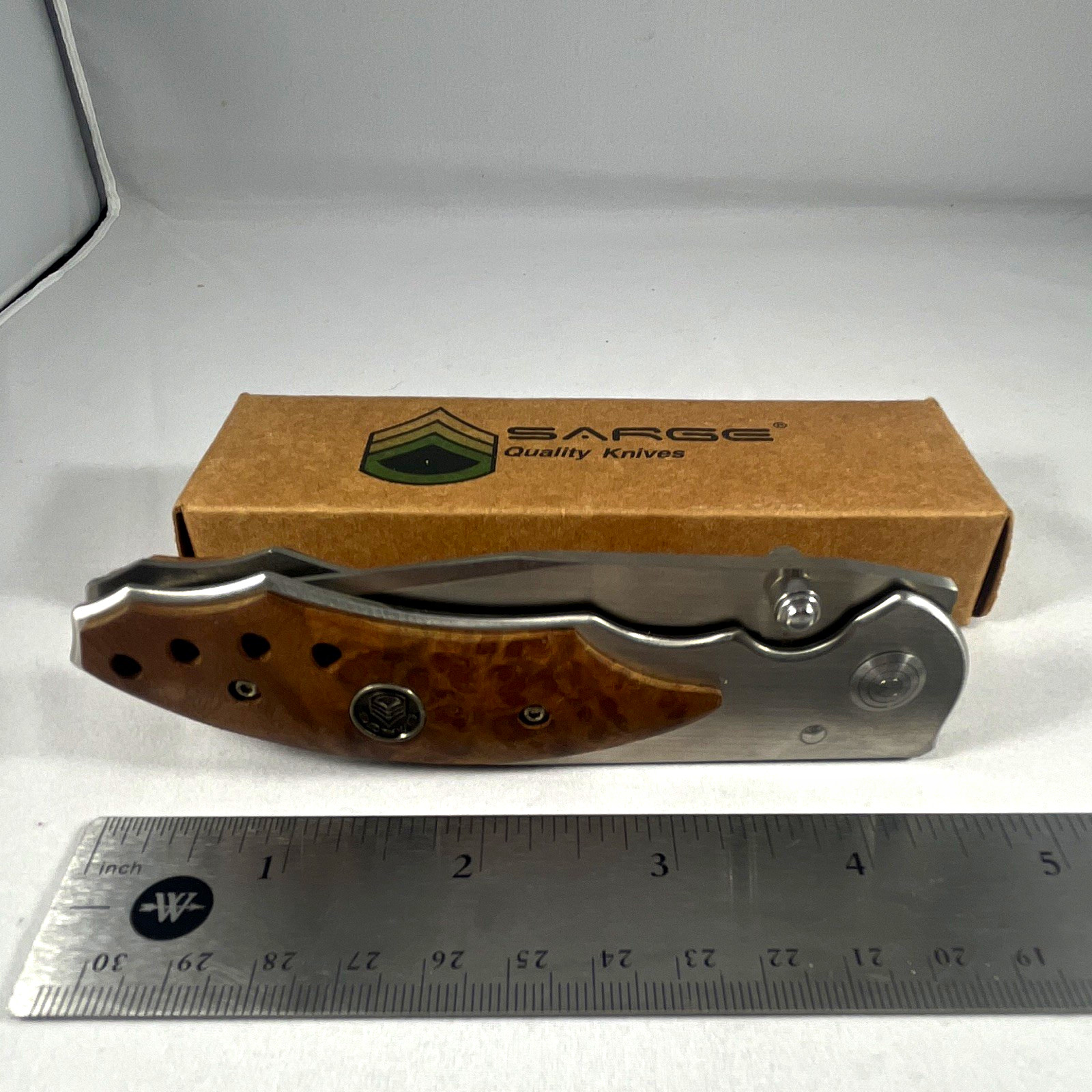 Sarge Tactical Folding Pocketknife Drop Point Plain Edge Wood Handle Liner Lock
