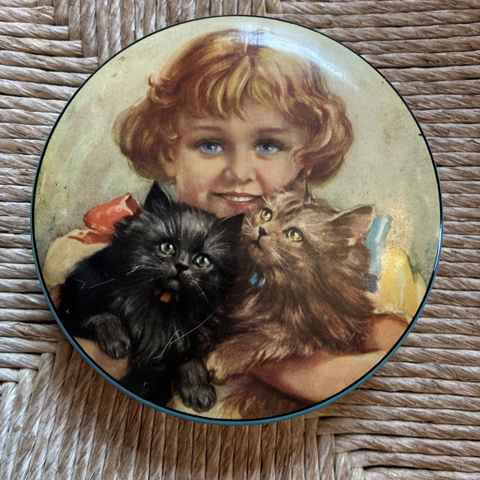 Vintage Thorne’s Toffee Tin England W/ Victorian Era Girl & Kittens / Kitty Cats