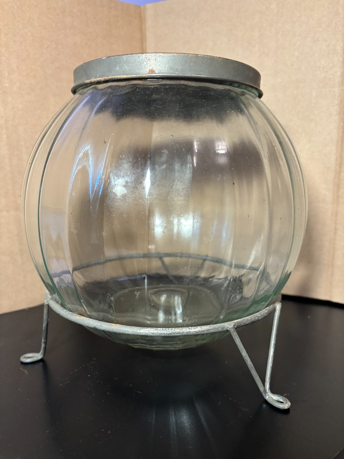Hoosier cabinet glass melon shape sugar jar with lid and metal stand 1920's-1930