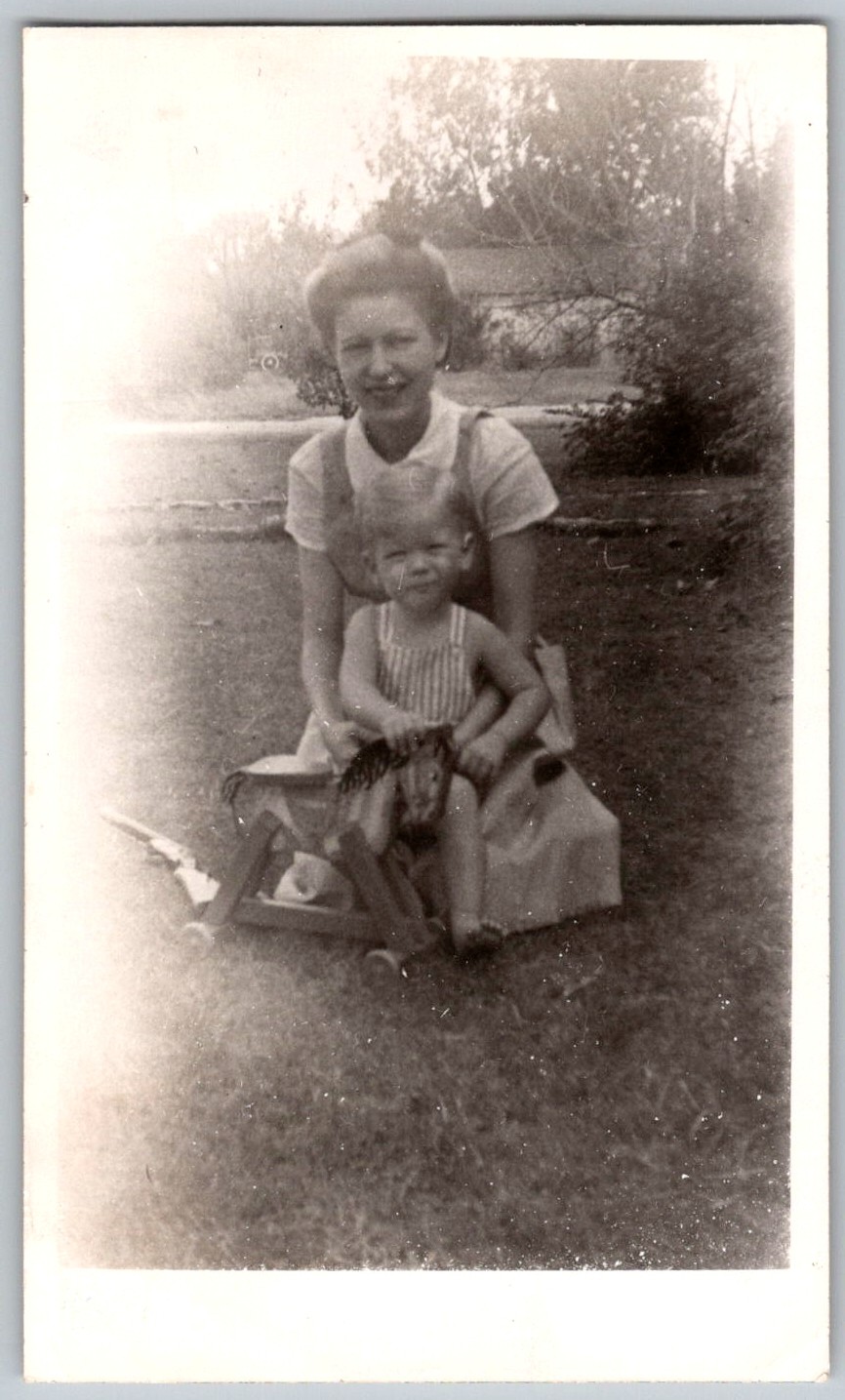 Vtg B&W Snapshot Mother Boy Wooden Hobby Rocking Horse Dublin Ireland Yard 1940s