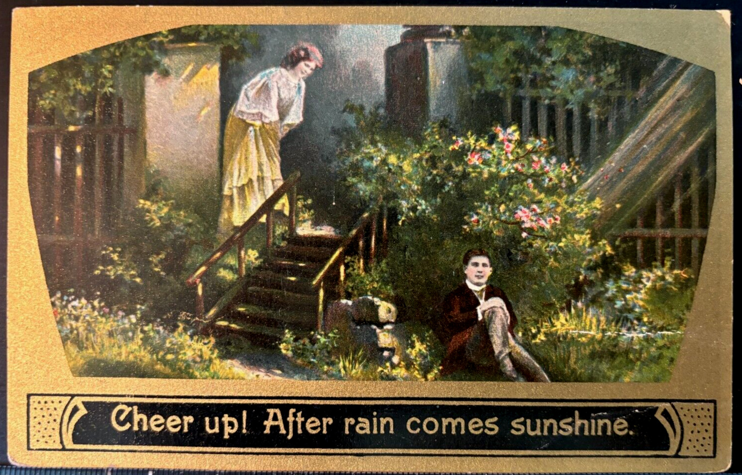 Victorian Romance Postcard 1909 Cheer Up After Rain Comes Sunshine