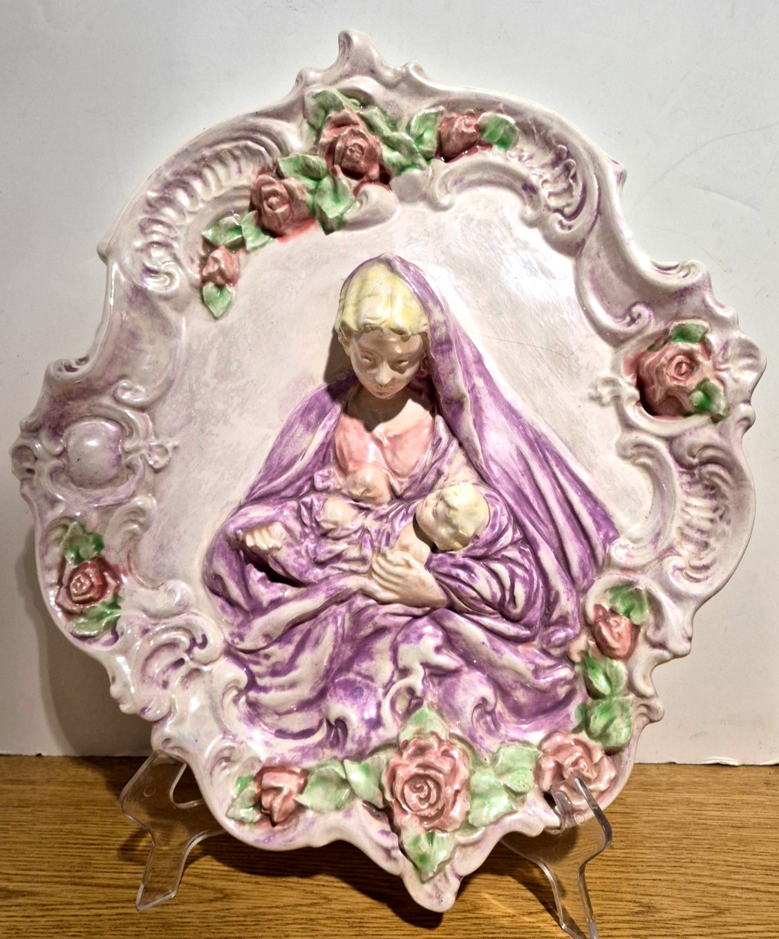 High-Relief Madonna & Child Porcelain Plaque by A. G