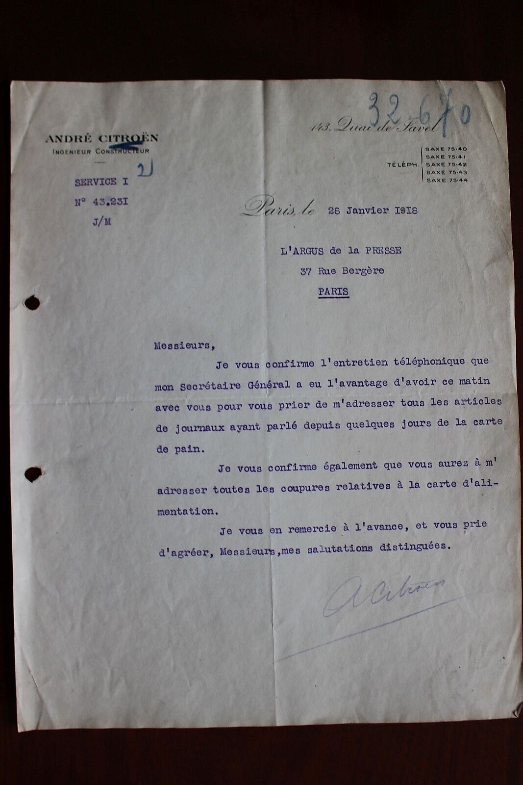 ✒ L.S. André CITROEN industriel - rare lettre signée du 28 janvier 1918
