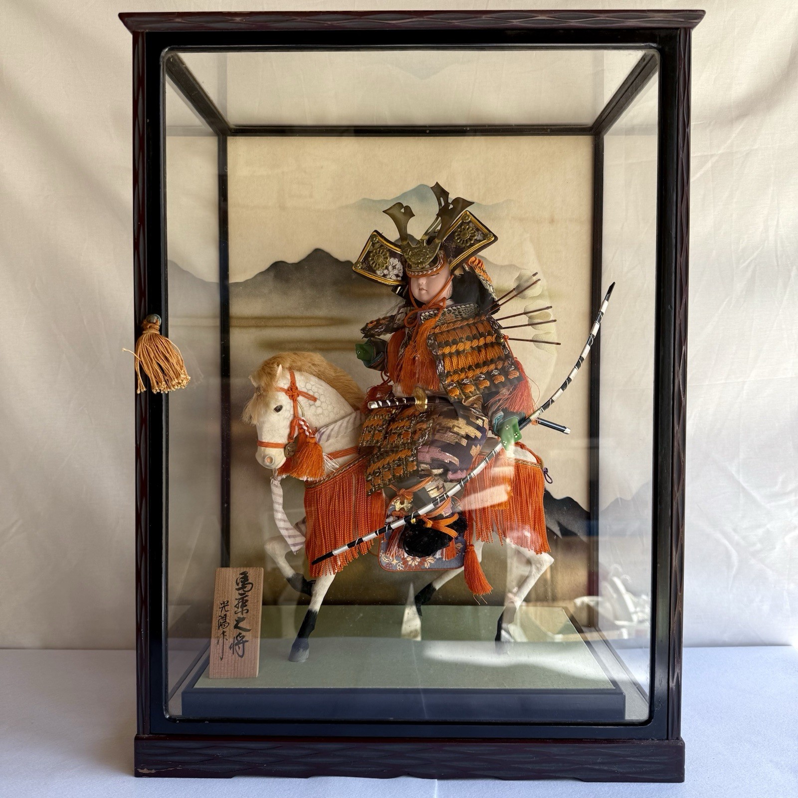 Traditional Japanese Samurai Warrior Doll on Horseback – Glass Case Included