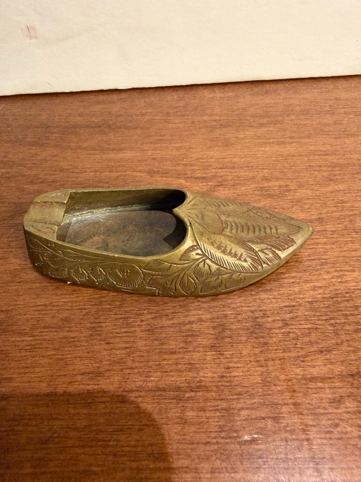 Brass-Tone Shoe-Shaped Collectible Ashtray, Engraved Floral Design