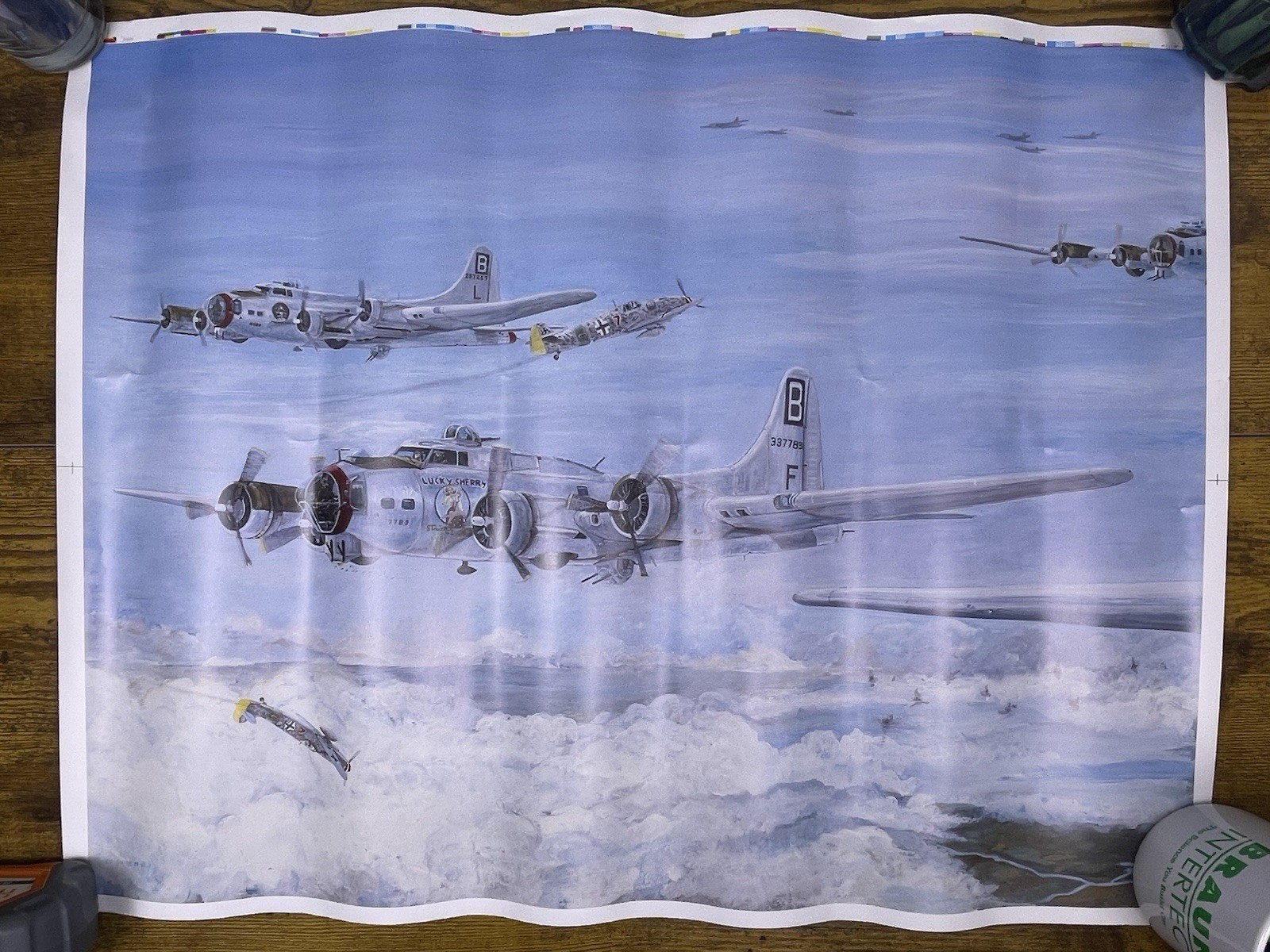 1989 B17 Flying Fortress Fighter Aircraft Poster Art By EV Smith ~19x25 Uncut