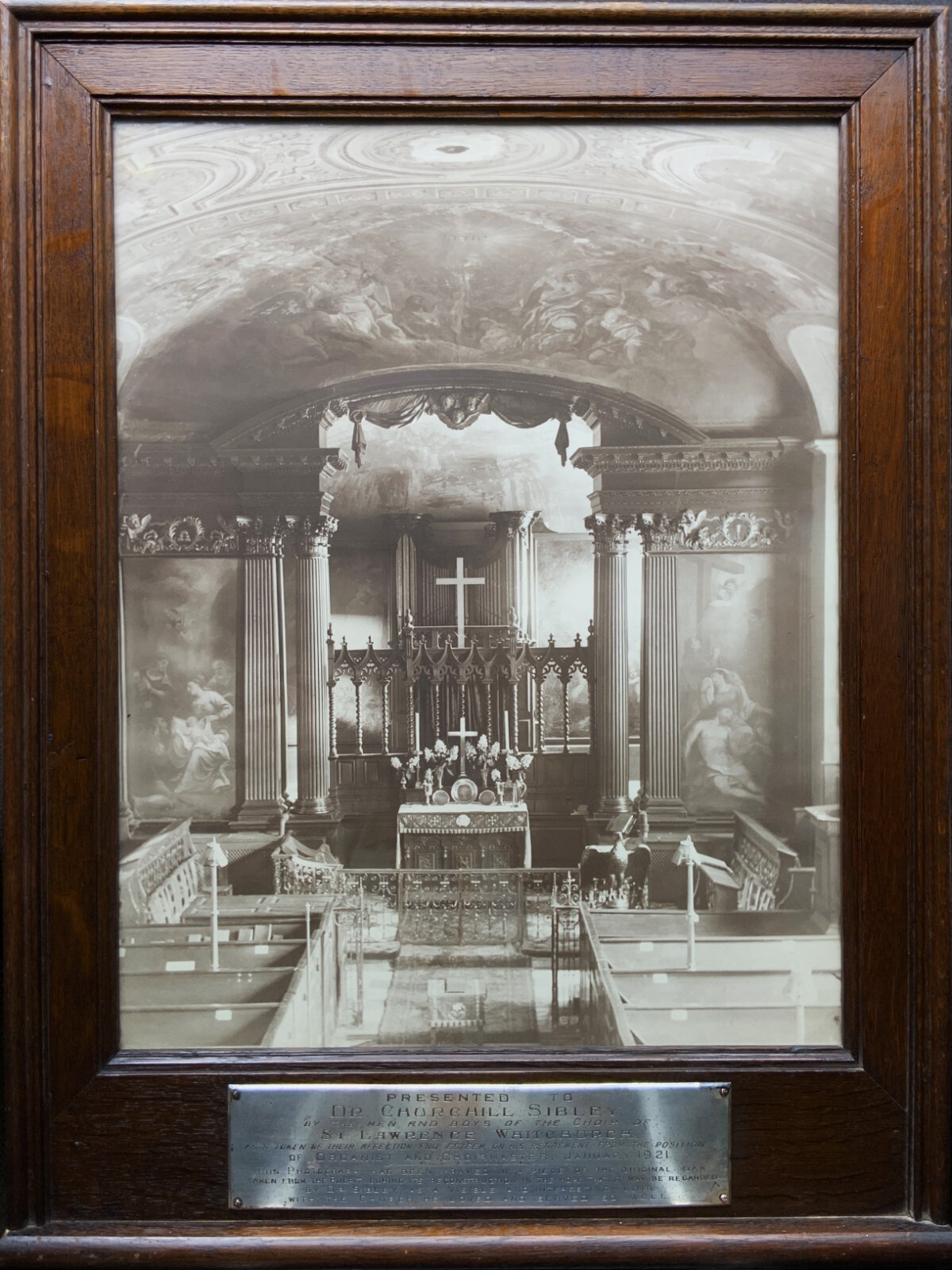 STUNNING HISTORICAL SEPIA PHOTOGRAPH MOUNTED FROM THE OAK CHURCH ALTAR 1921
