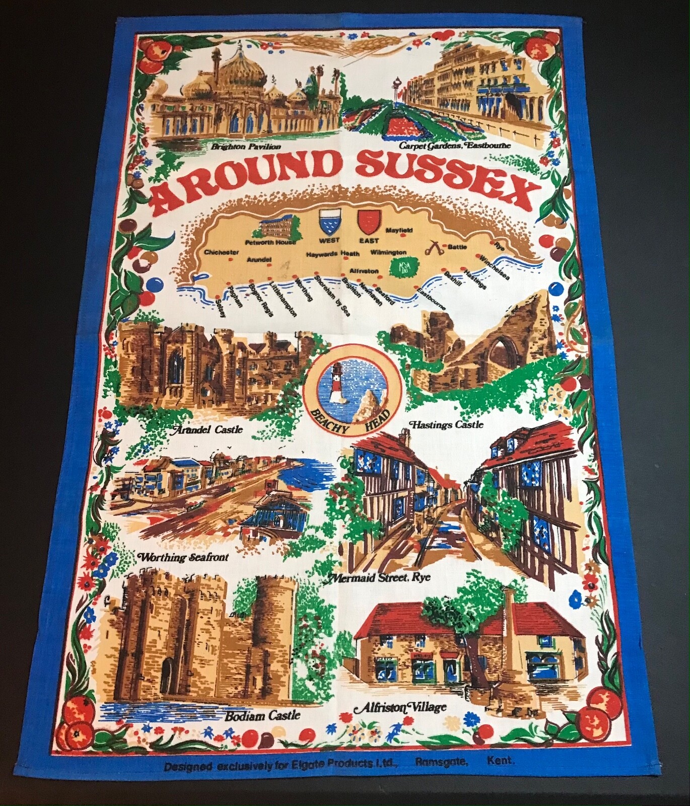 VTG TEA CLOTH - AROUND SUSSEX - 18 x 30 - VIBRANT COLORS VERY NICE 