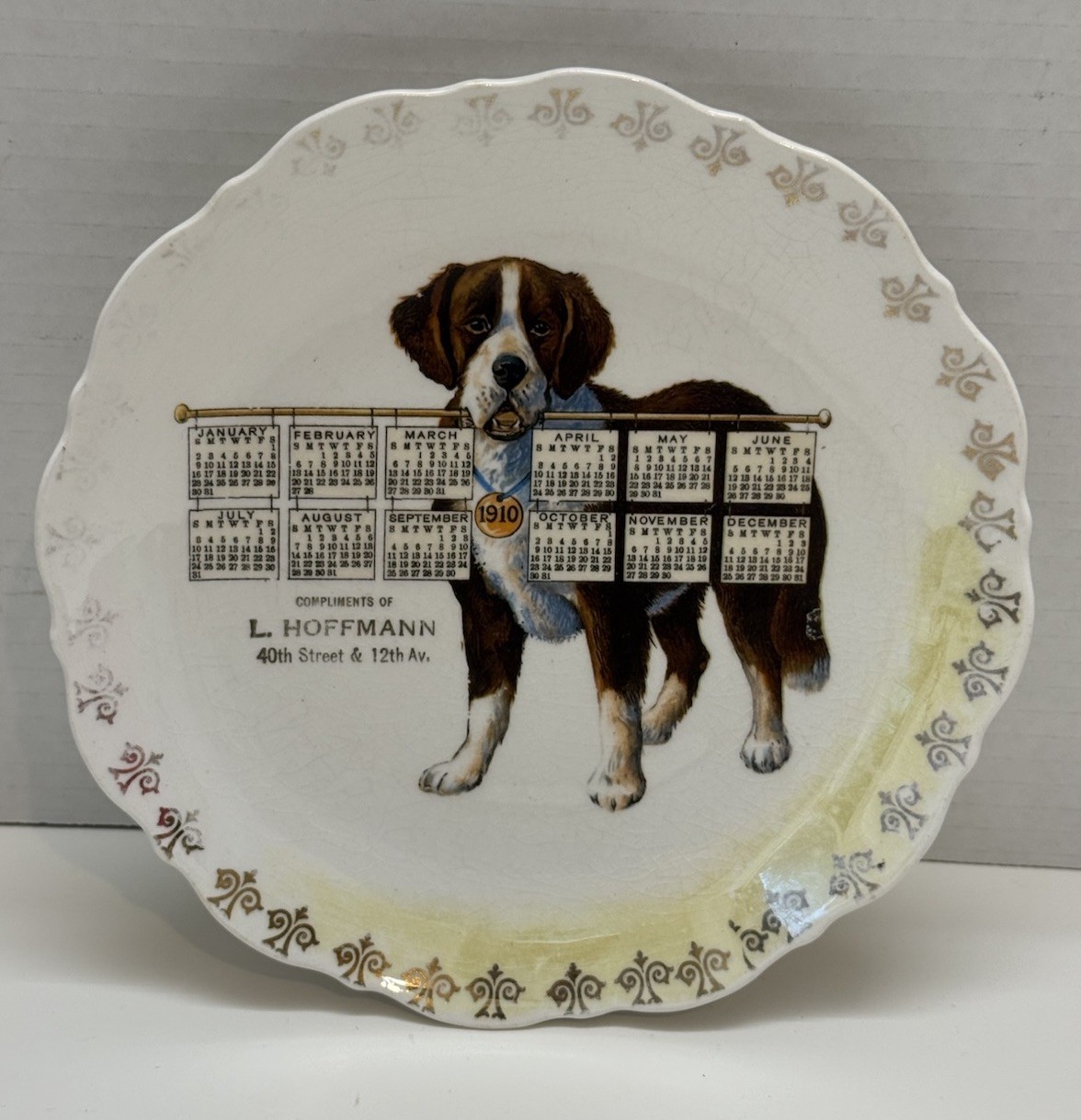 Antique 1910 Advertising Calendar Plate St Bernard Dog L Hoffmann New York Antique 1910 Advertising Calendar Plate St Bernard Dog L Hoffmann New York