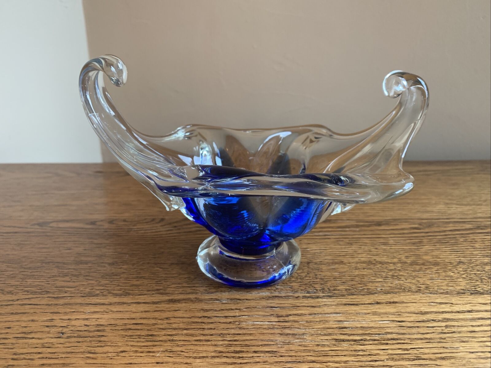 Cobalt Blue & Clear Blown Art Glass Candy Dish Decor Piece; 7-1/2\