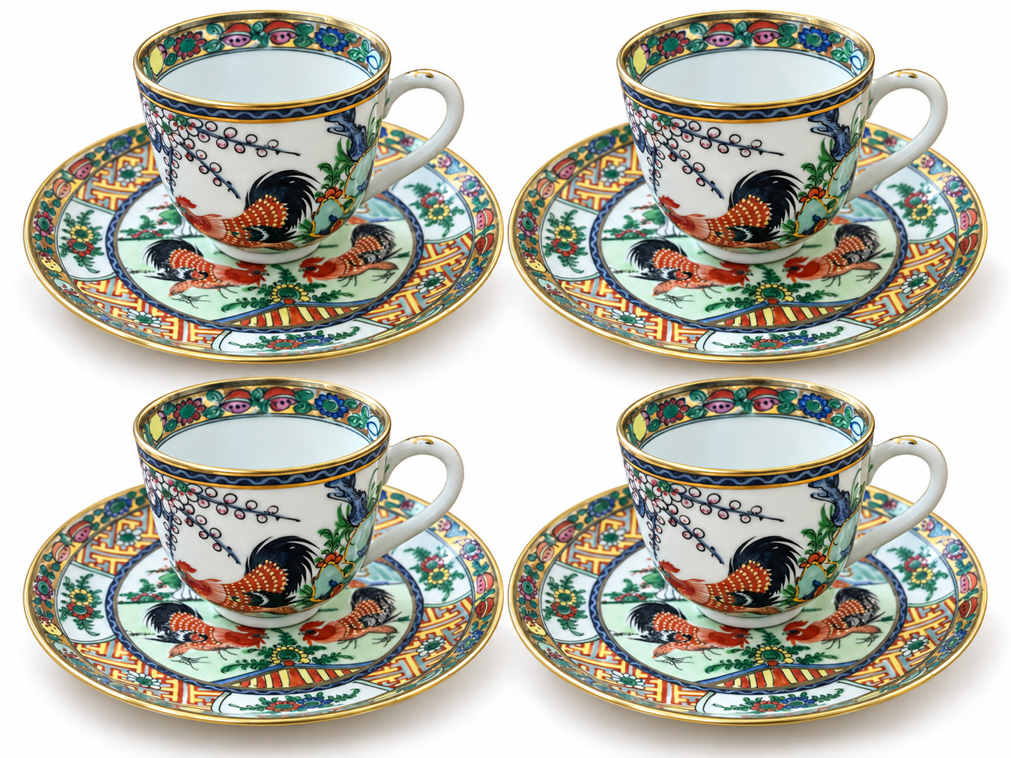 Vintage Hong Kong Rooster Coffee Cup Set, 4 Cups and Saucers, Famille