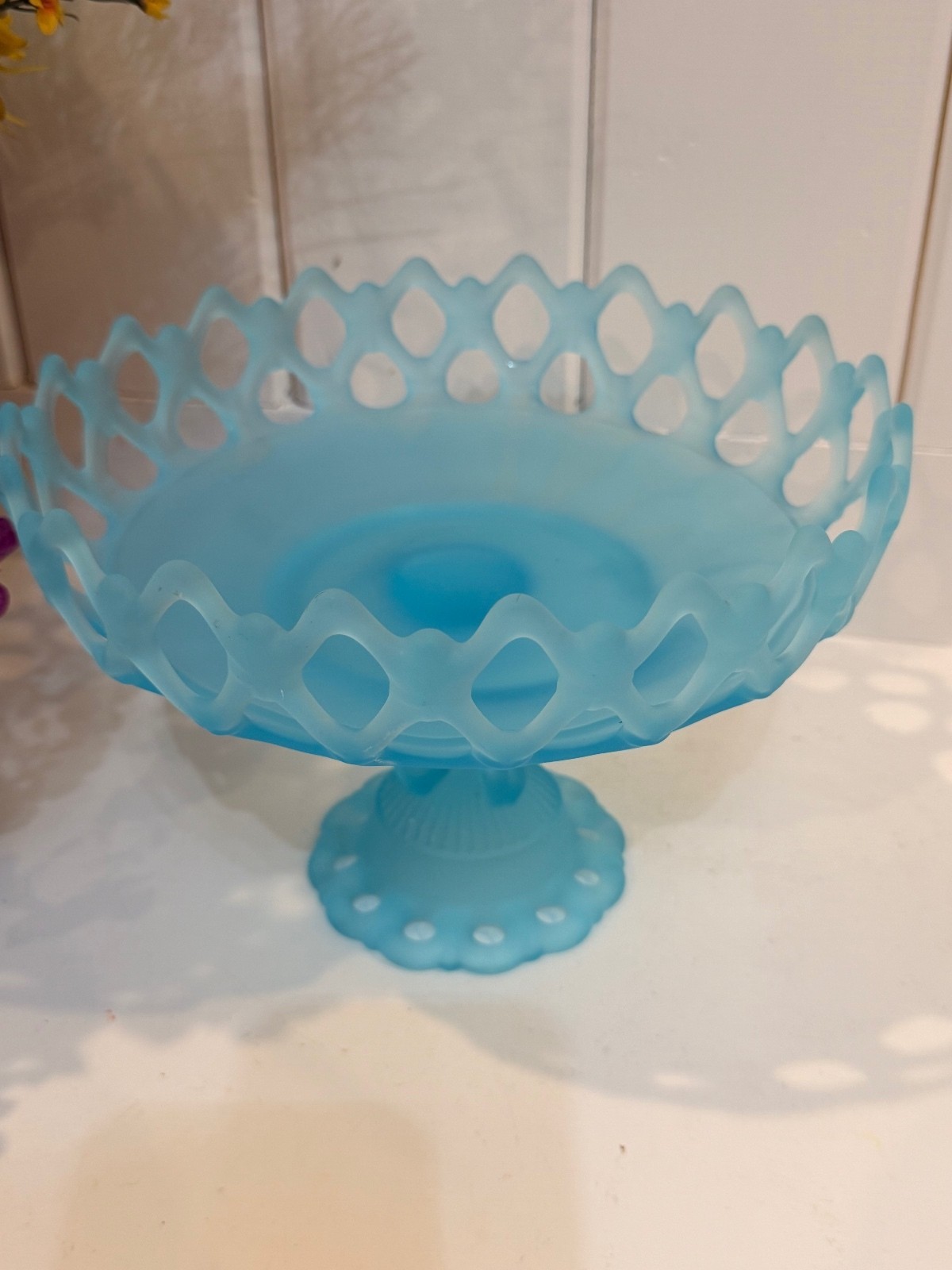 Vintage Westmoreland Blue Mist Satin Glass Doric Open Lace Pedestal Compote Bowl Vintage Westmoreland Blue Mist Satin Glass Doric Open Lace Pedestal Compote Bowl
