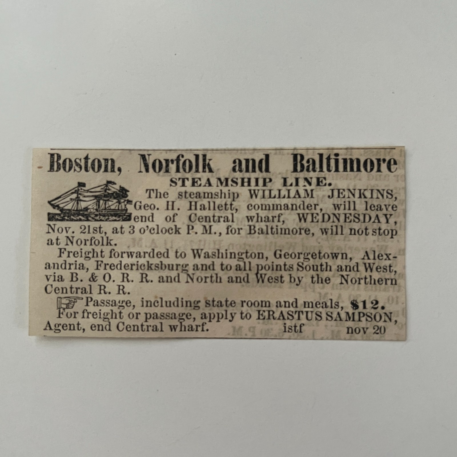 Erastus Sampson Steamship William Jenkins 1860 Boston Clipping TAJ7-S71