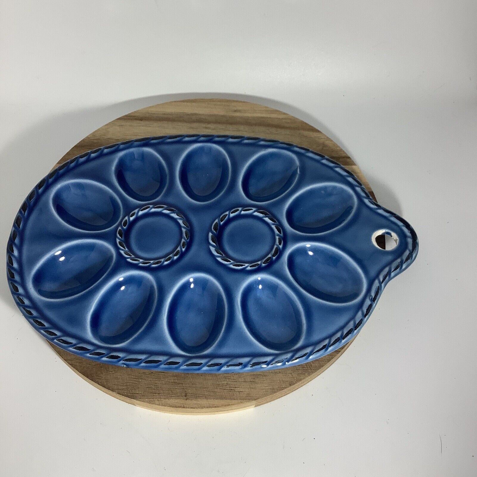 Vintage Blue Ceramic Deviled Egg Tray 10”x6.5” Japan Holds 10 Eggs