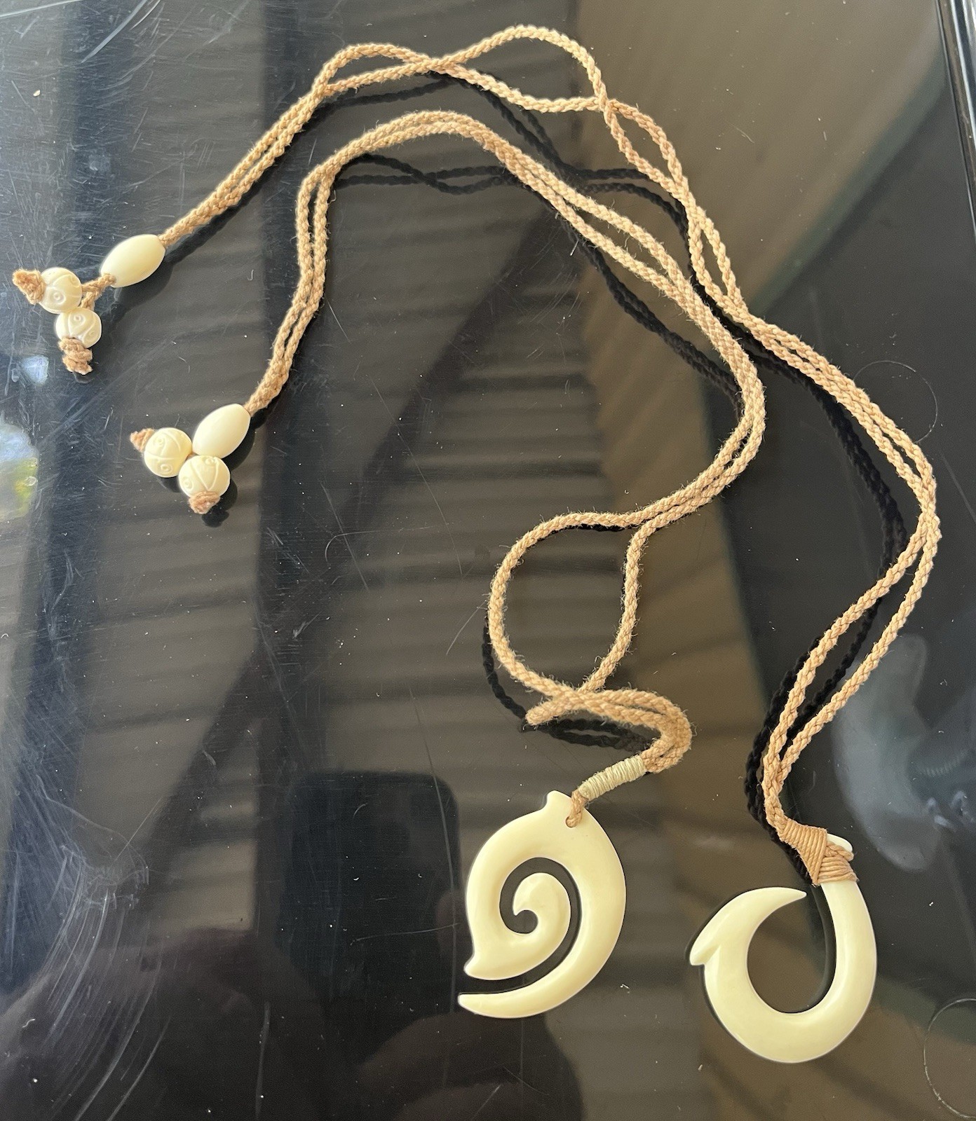 2 Pieces Polynesian Maui Fish Hook & Spiral Pendant. Handcrafted-Bone-unused