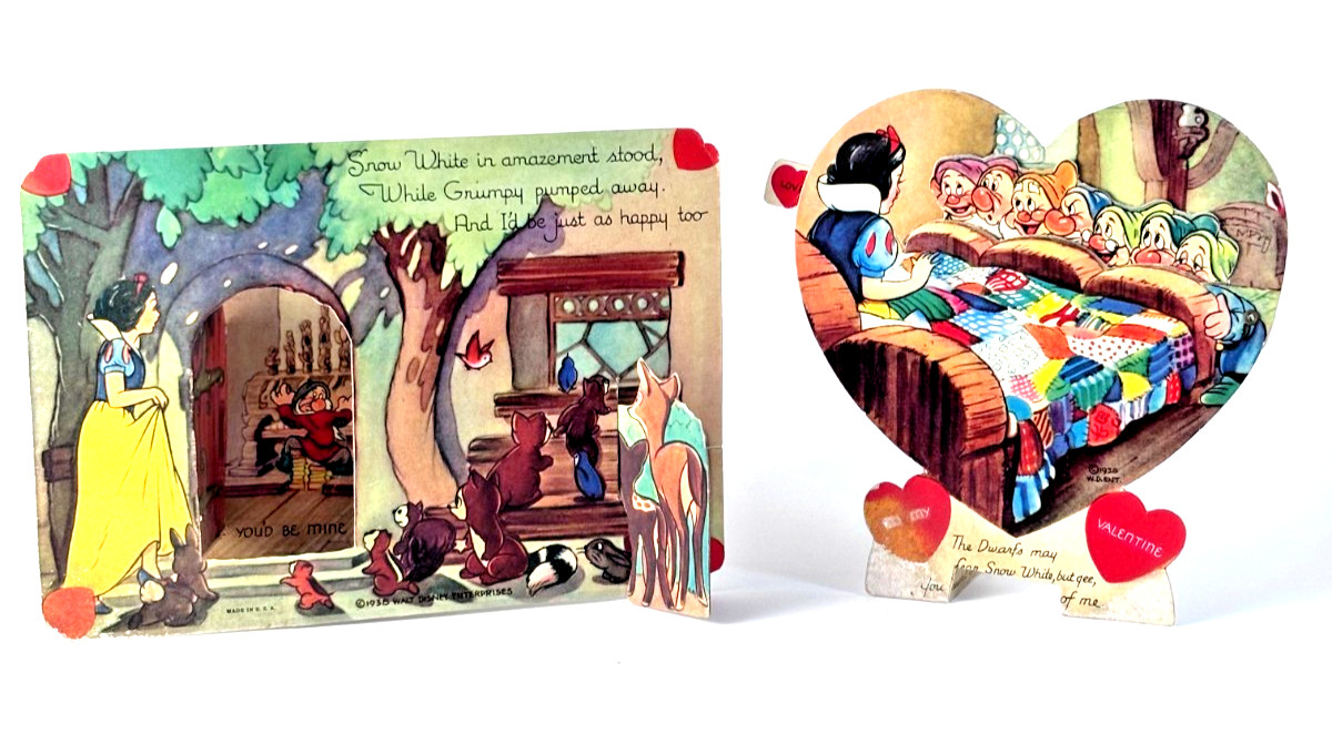 2 Vintage 1938 Disney Snow White and the Seven Dwarfs Mechanical Valentine Cards